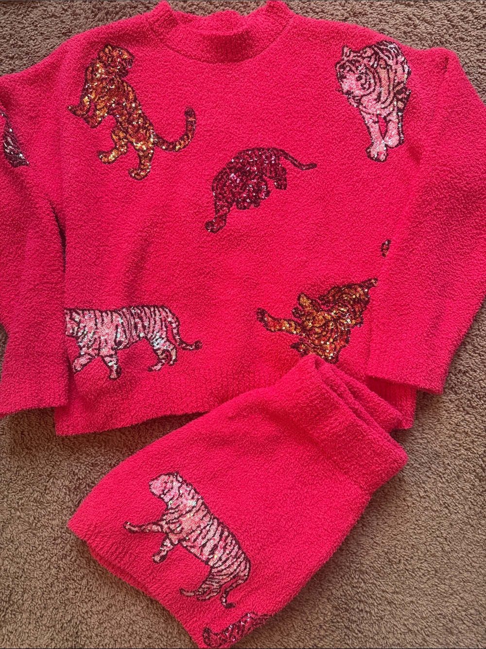 Blue Blush Bright Pink Sequin Tiger Sweater + Short Set